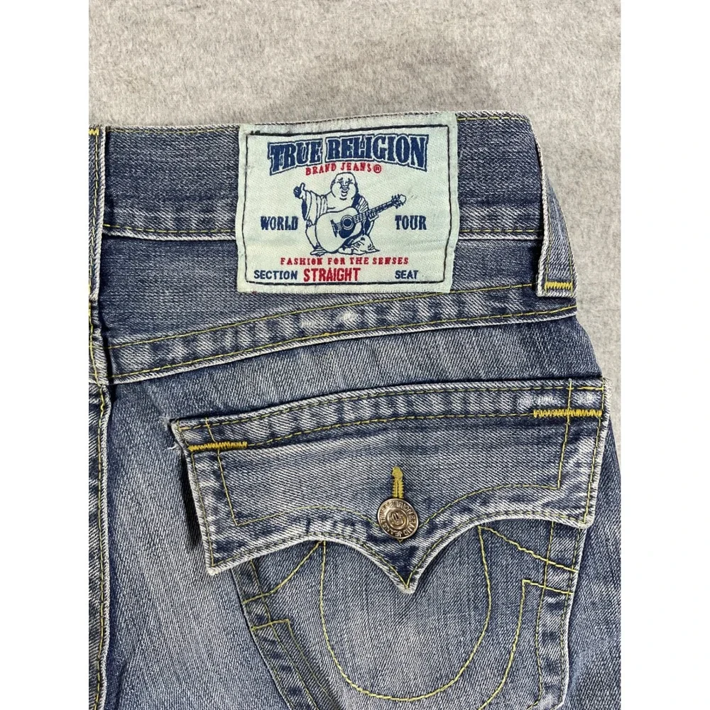 True Religion Mens Straight Distressed Ripped Blue Denim Jeans Size 29 P57